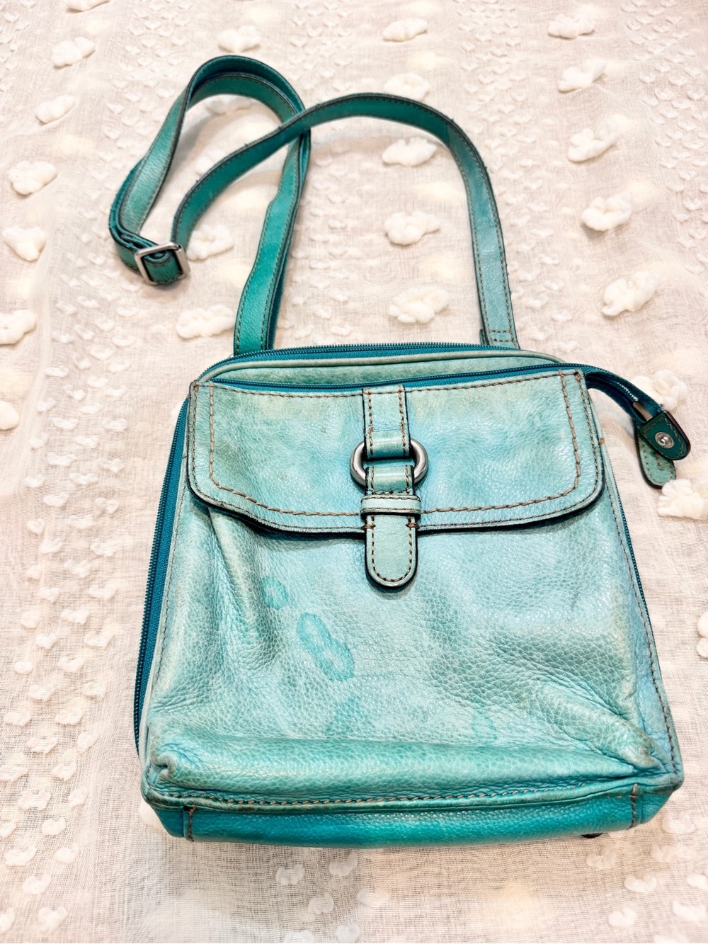 Fossil Y2K Southwestern Turquoise Leather Crossbody Organizer Travel Purse F51